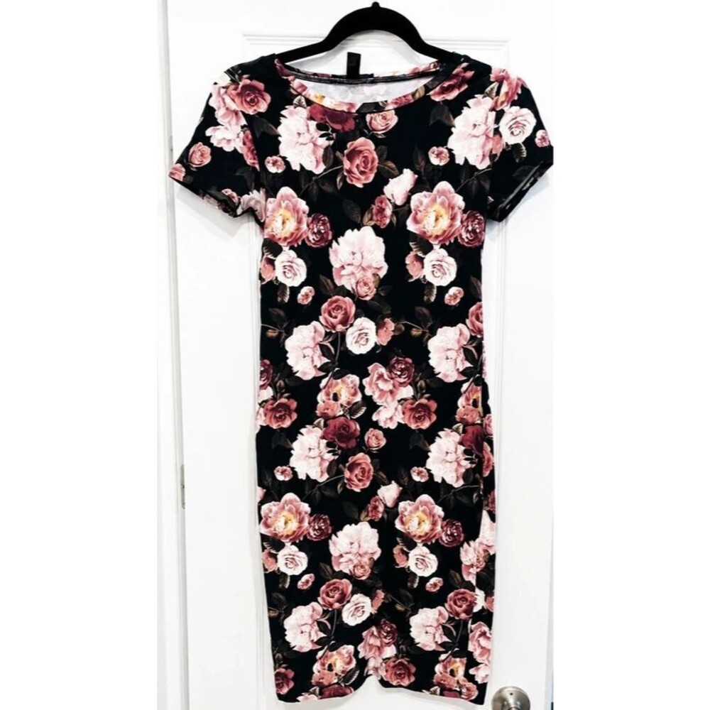Forever 21 Floral Bodycon Dress Size Small Black Pink Rose Print